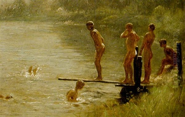 Nude Boys Swimming At A Lake Oil Painting by Addison Thomas Millar