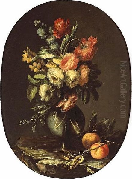 A Still Life Of Flowers In A Vase Along Withtwo Peaches On A Ledge; Also A Companion Still Life (a Pair) Oil Painting by Domenico Bettini