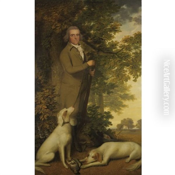 Portrait Of A Gentleman, In A Green Coat, Holding A Gun, Two Dogs And A Partridge At His Feet, In A Wooded Landscape Oil Painting by James Millar