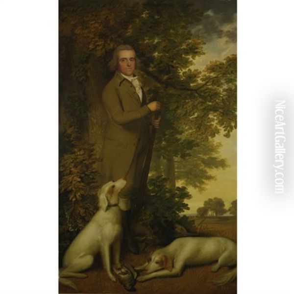 Portrait Of A Gentleman, Full-length, In A Green Coat, Holding A Gun, Two Dogs And A Partridge At His Feet, In A Wooded Landscape Oil Painting by James Millar