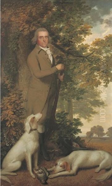 Portrait Of A Gentleman, Full-length, In A Green Coat, Holding A Gun, Two Dogs And A Partridge At His Feet, In A Wooded Landscape Oil Painting by James Millar