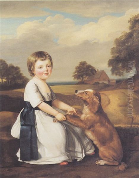 Portrait Of A Child Wearing A Silk Dress And Blue Sash, With A Pet Dog Oil Painting by James Millar