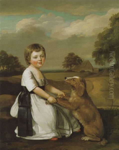 Portrait Of A Child Wearing A Silk Dress And Blue Sash, With A Pet Dog Oil Painting by James Millar