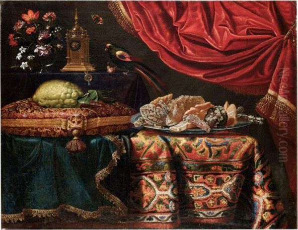 Natura Morta Con Tappeto, Limone Su Un Cuscino, Vaso Di Fiori, Orologio Da Tavolo, Pappagallo, Frutta Candita Su Vassoio E Tendaggio Rosso Oil Painting by Francesco Bettio