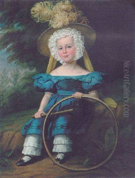 Portrait Of A Small Child In A Landscape Wearing A Blue Costume And Feathered Hat And Holding A Hoop And Stick Oil Painting by James Millar