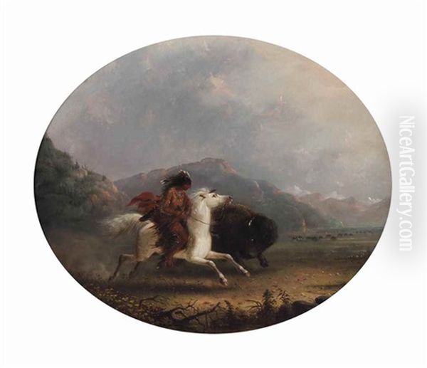 Pawnee Running A Buffalo Oil Painting by Alfred Jacob Miller