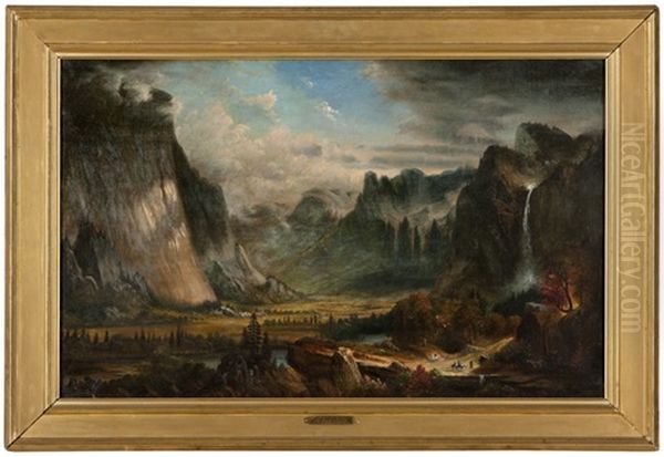 Figures In Yosemite Valley, Bridal Veil Falls Oil Painting by Alfred Jacob Miller