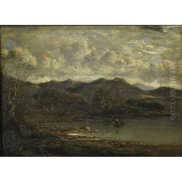 A Canoe And Figure In A Mountain Landscape Oil Painting by Alfred Jacob Miller