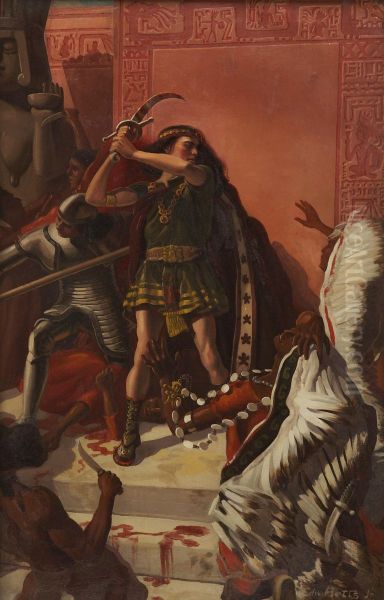 An Aztec Ambush, Magazine Story Illustration Oil Painting by Edwin Daniel Betts