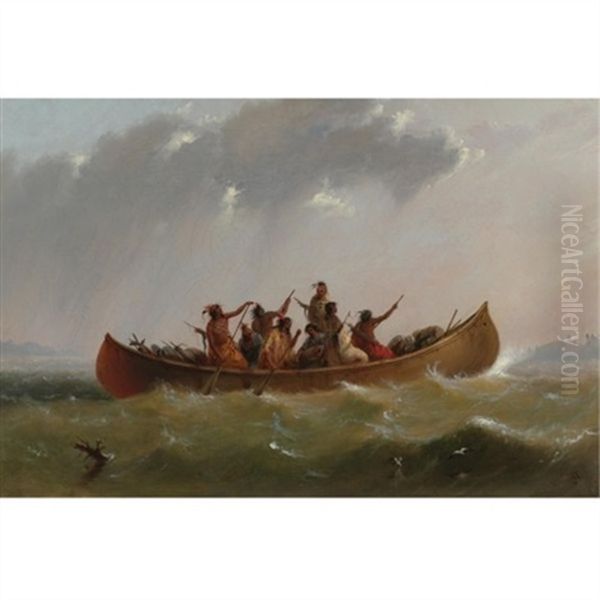 Indian Canoe Oil Painting by Alfred Jacob Miller