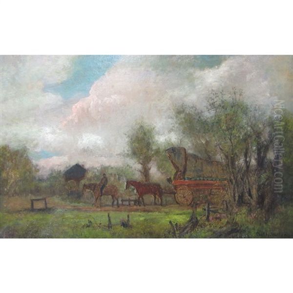 Horse-drawn Cart In A Landscape Oil Painting by Charles Henry Miller