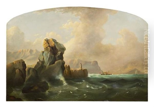 View Of Ships Off Rocky Coast Oil Painting by Charles Henry Miller