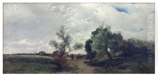 Untitled (landscape With Cows And Herder On Country Road) Oil Painting by Charles Henry Miller