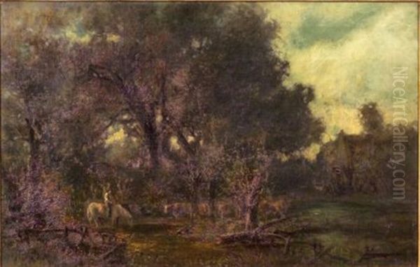 Watering The Horse While The Cattle Graze Oil Painting by Charles Henry Miller