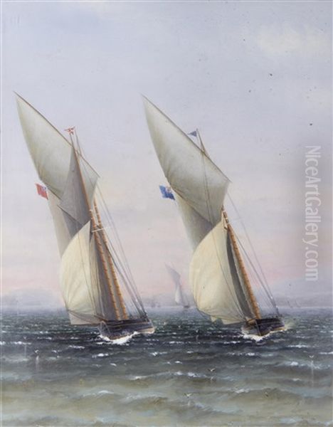 A Schooner From The Royal Thames Yacht Club Running Down Wind; A Schooner And Cutter Neck And Neck (set Of 2) Oil Painting by Charles Keith Miller