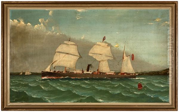 British Sail Assisted Steam Ship Flying A Red Ensign Flag And Departing From A Harbor Oil Painting by Charles Keith Miller