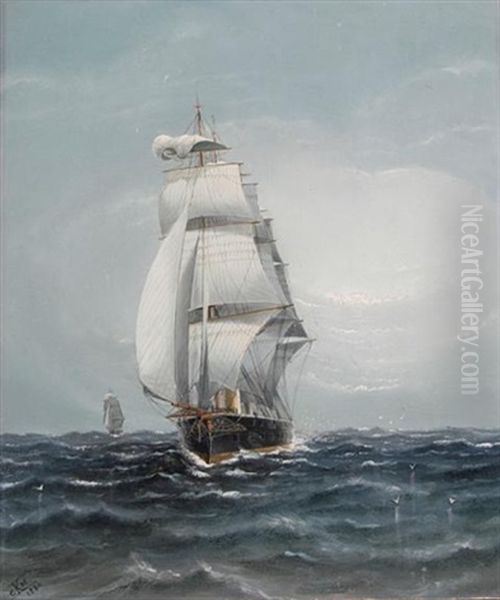 A Steam Sailing Battleship Heading Downwind Oil Painting by Charles Keith Miller