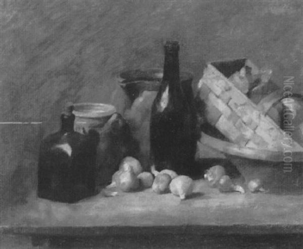 Still Life With Ceramic Jugs And Onions On A Table Oil Painting by Francis Miller