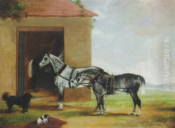 Two Dapple Grey Carriage Horses With Dogs Outside A Stable Oil Painting by George W. Miller