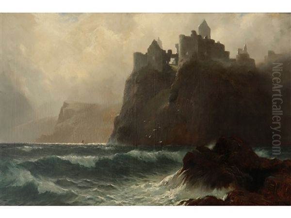 A View Of A Cliff Top Castle Above Rough Seas And Misty Skies Oil Painting by James Robertson Miller