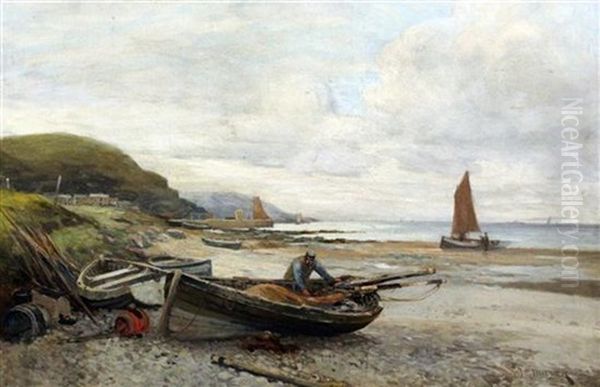 Fisherman On A Beach At Low Tide Oil Painting by John Rennie Miller