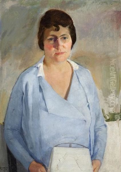 Portrait Of A Woman In Blue With White Handbag Oil Painting by Kenneth Hayes Miller