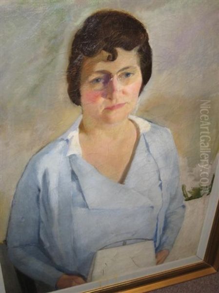 Portrait Of A Woman In Blue With White Handbag by Kenneth Hayes Miller