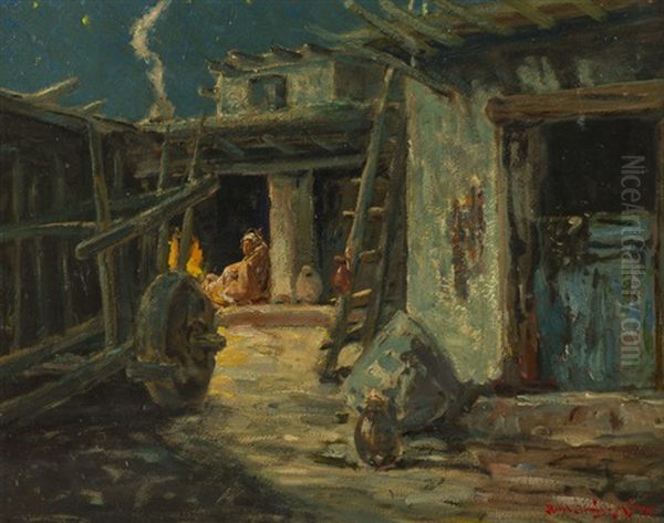 Nocturnal With An Indian In An Adobe Dwelling Oil Painting by Ralph Davison Miller