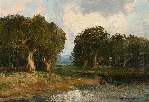 Oaks In A River Landscape Oil Painting by Ralph Davison Miller