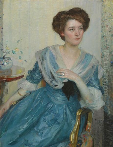 Portrait Of A Woman In A Blue Dress Oil Painting by Richard Edward Miller