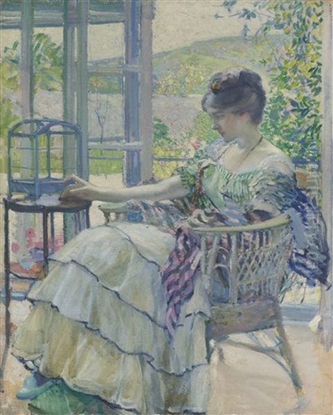 Contemplation (woman Seated Next To Birdcage) Oil Painting by Richard Edward Miller