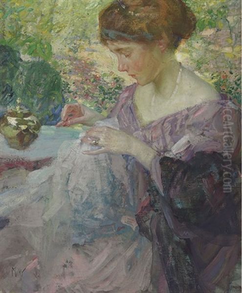 Young Woman Sewing Oil Painting by Richard Edward Miller