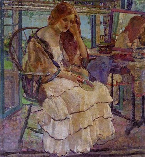 Red Haired Woman Seated At Vanity Table Oil Painting by Richard Edward Miller