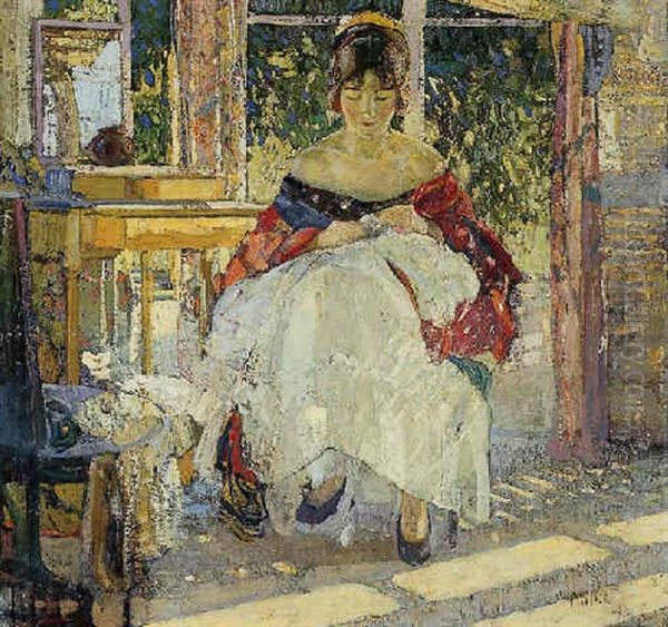 Woman Sewing Oil Painting by Richard Edward Miller