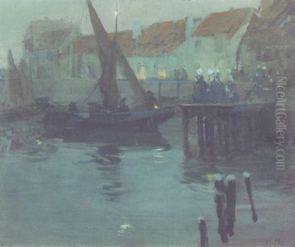 Harbor At Night (normandy) Oil Painting by Richard Edward Miller