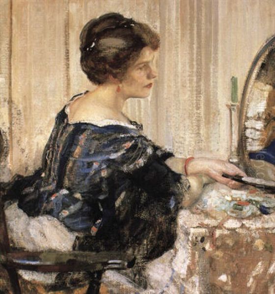 Woman In Blue Seated At A Dressing Table Oil Painting by Richard Edward Miller