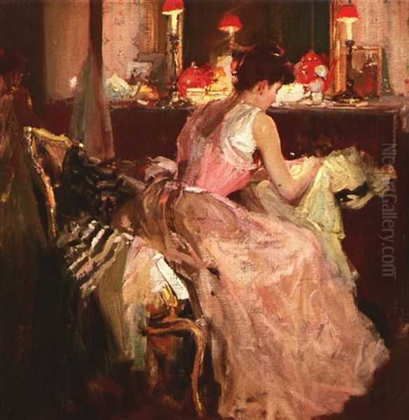 Sewing By Lamplight Oil Painting by Richard Edward Miller