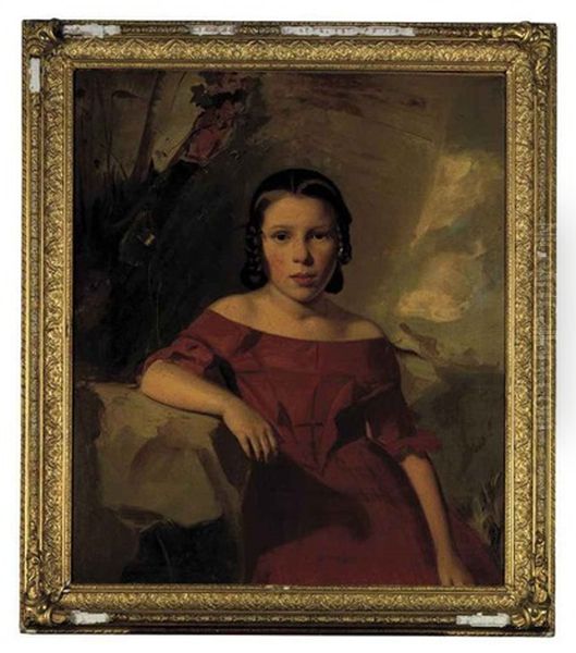 Portrait Of A Lady In A Light Blue Dress With Lace Collar And Bonnet (+ Portrait Of A Young Girl In A Red Dress; 2 Works) Oil Painting by William Edward Miller