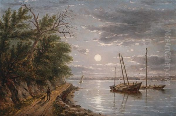 Moonlight On The Hudson River, Hoboken, Nj Oil Painting by William Rickarby Miller