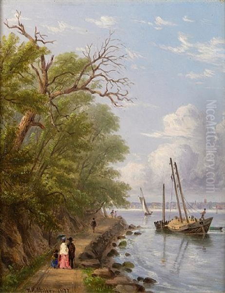 By The Waterside, Hoboken, New Jersey (+ The Palisades Of The Hudson; 2 Works) Oil Painting by William Rickarby Miller