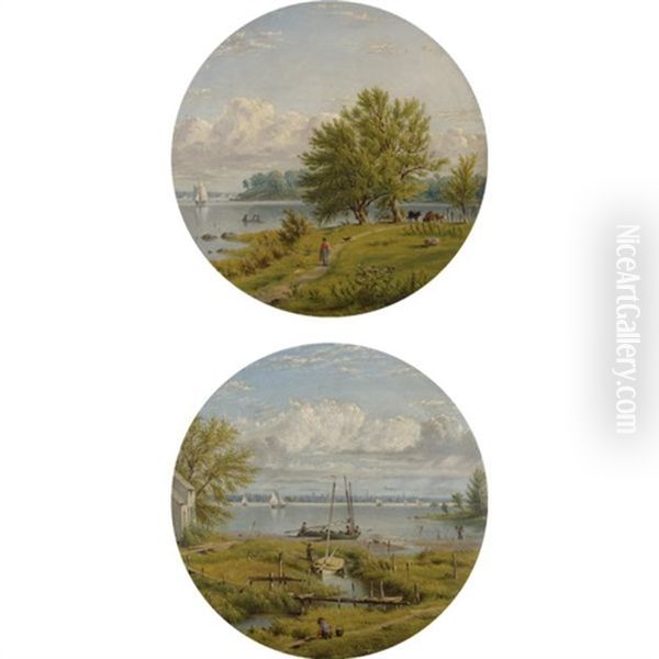 View Across The Hudson To New York (pair) Oil Painting by William Rickarby Miller