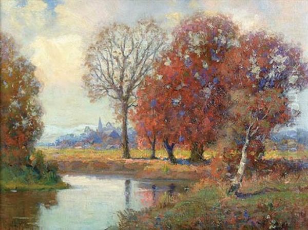 Fall Landscape With Distant Village Oil Painting by Royal Hill Milleson