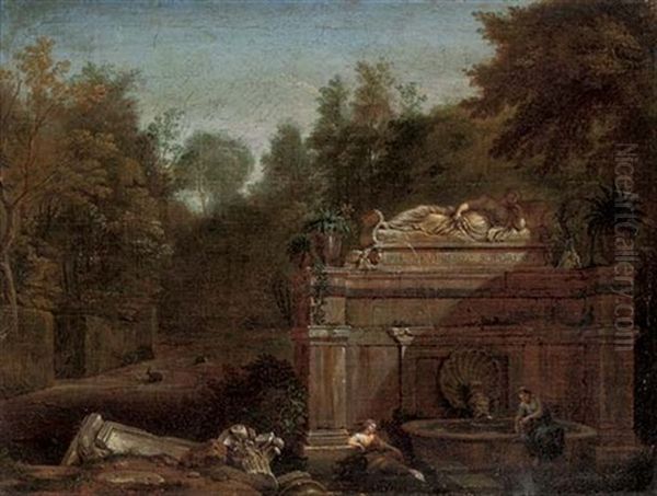 A Wooded Landscape With A Woman Filling A Jug Of Water At A Fountain, Another Woman Resting Amongst Roman Ruins Oil Painting by Jean Francois (Francisque) Millet the Younger