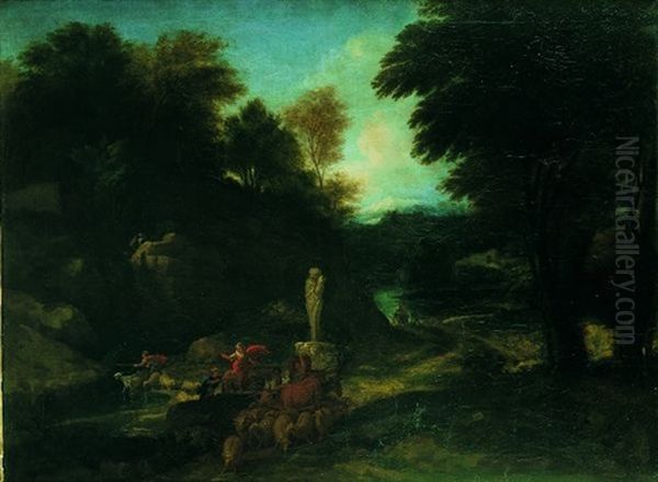 Paysage De La Campagne Italienne Avec Un Convoi De Bergers Oil Painting by Jean Francois (Francisque) Millet the Younger