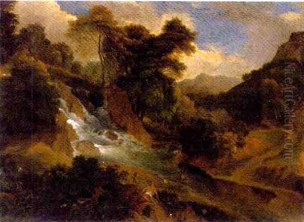 A Wooded Landscape With Women By A Waterfall Oil Painting by Jean Francois (Francisque) Millet the Younger