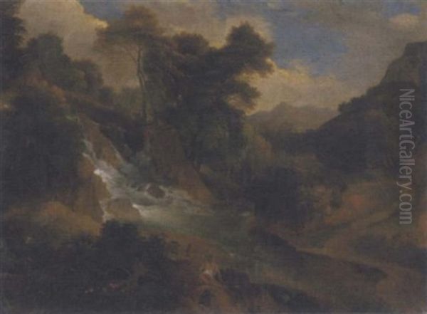 A Wooded Landscape With Women By A Waterfall Oil Painting by Jean Francois (Francisque) Millet the Younger