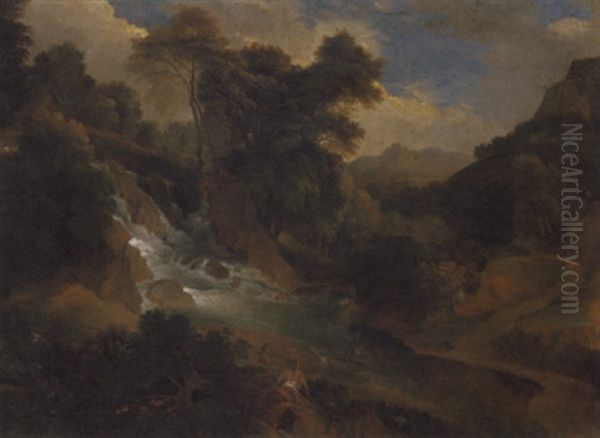 A Wooded Landscape With Women By A Waterfall Oil Painting by Jean Francois (Francisque) Millet the Younger