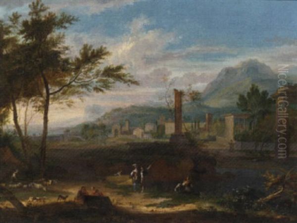 An Italianate Landscape With Classical Ruins And Figures In The Foreground Oil Painting by Jean Francois (Francisque) Millet the Younger