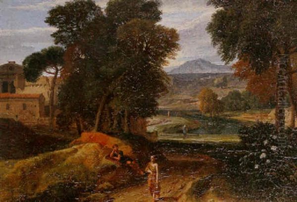 A Classical Landscape With Travellers Oil Painting by Jean Francois (Francisque) Millet the Younger