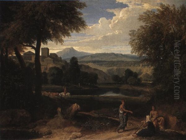 Classical Landscape With Roman Merchants On A Path Oil Painting by Jean Francois (Francisque) Millet the Younger